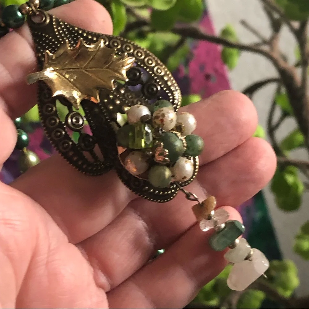 Handcrafted repurpose sage freshwater brass pendant Czech glass Pearl necklace